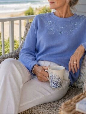 George Blue Embroidered Sweater Size Large Soft Coastal Grandma Style